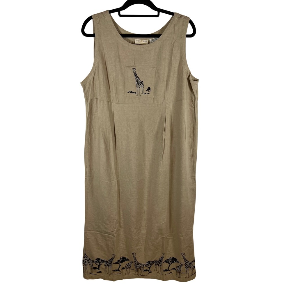 Jaclyn Smith Tan Linen Blend Giraffe Safari Print Sleeveless Midi Dress XL‎